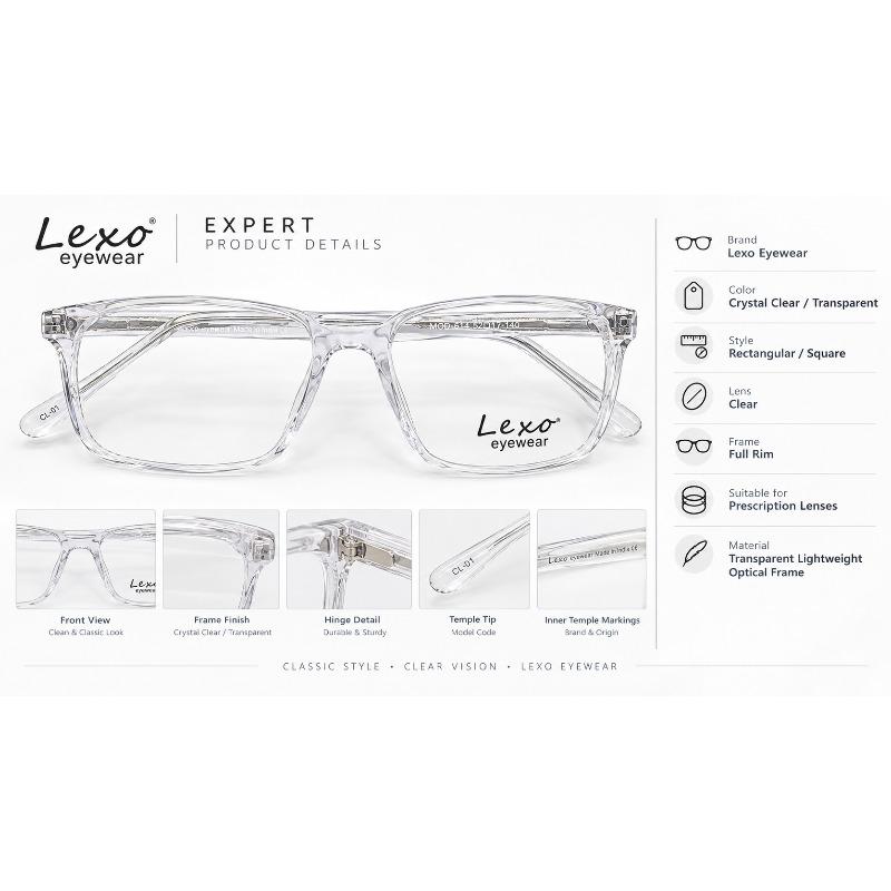 Lexo Eyewear MOD-614 CL-04Transparent Square Full-Rim Optical Frame – 52□17–140