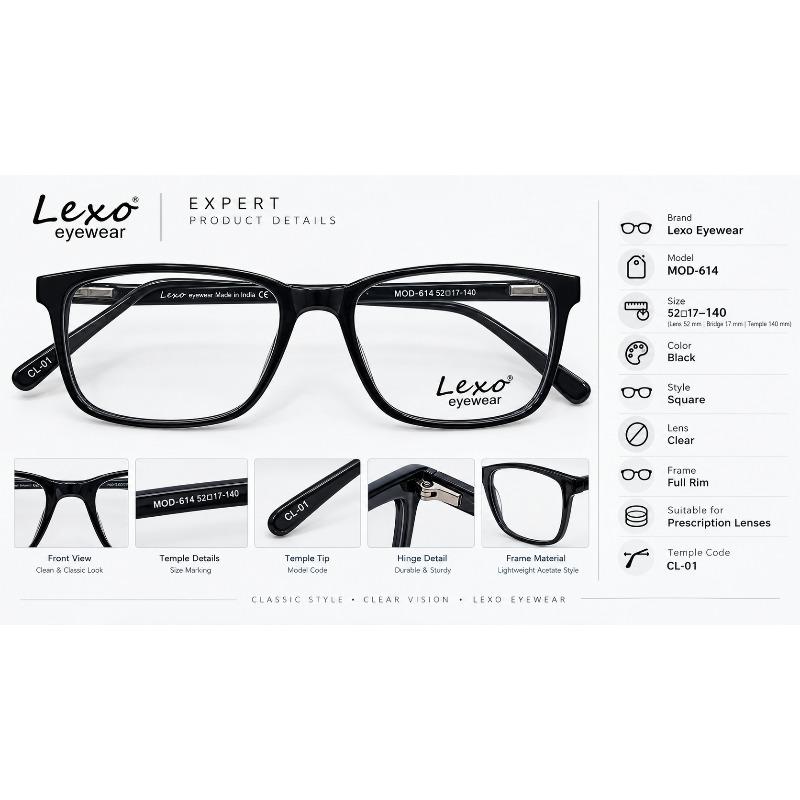 Lexo Eyewear MOD-614 CL-01 Black Square Full-Rim Optical Frame – 52□17–140