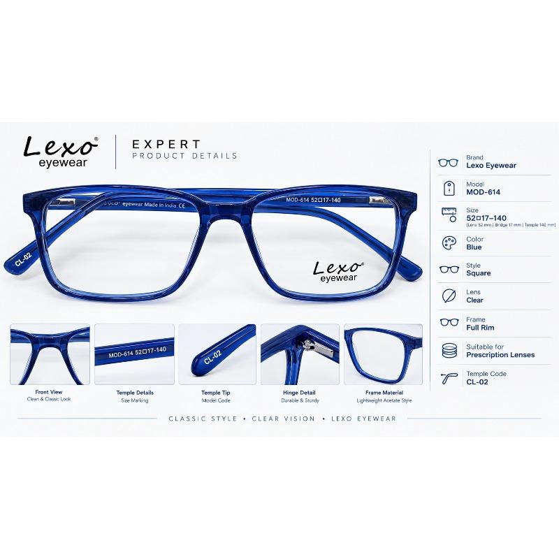 Lexo Eyewear MOD-614 CL-02Blue Square Full-Rim Optical Frame – 52□17–140