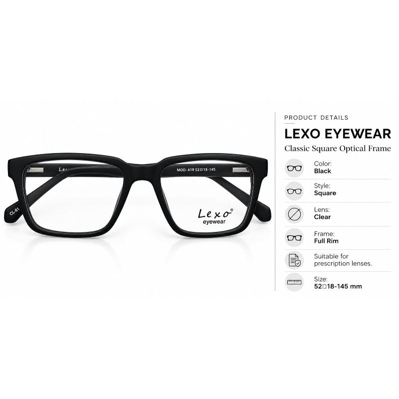 Lexo Eyewear Model Classic Square Optical Frame (MOD-619) Color Black