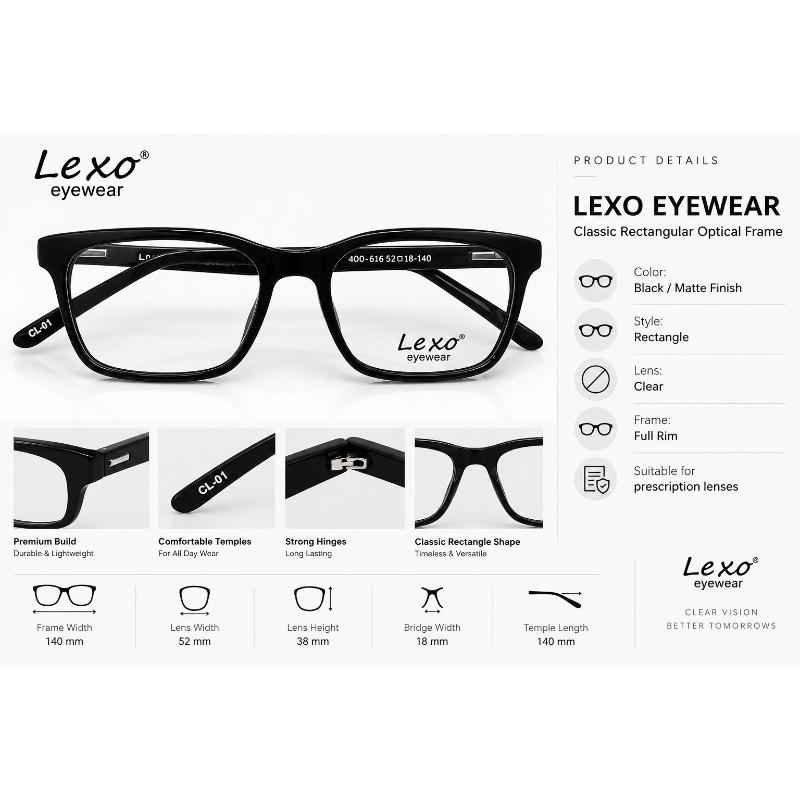 Lexo Eyewear model 616 Black /matte finish Full-Rim Square Glasses Frames