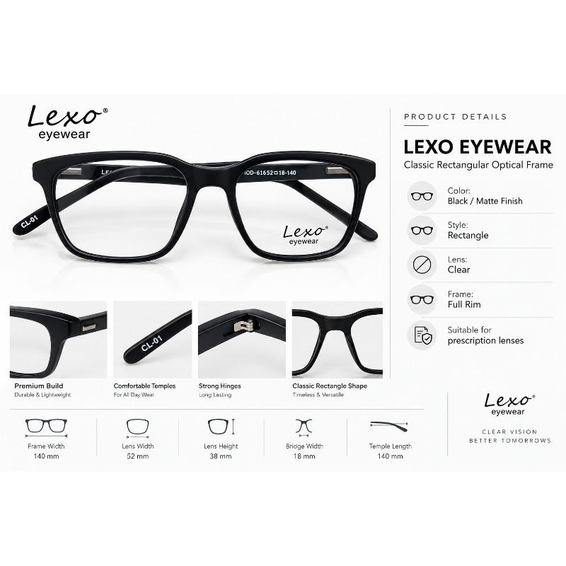 Lexo Eyewear model 616 Black finish Full-Rim Square Glasses Frames