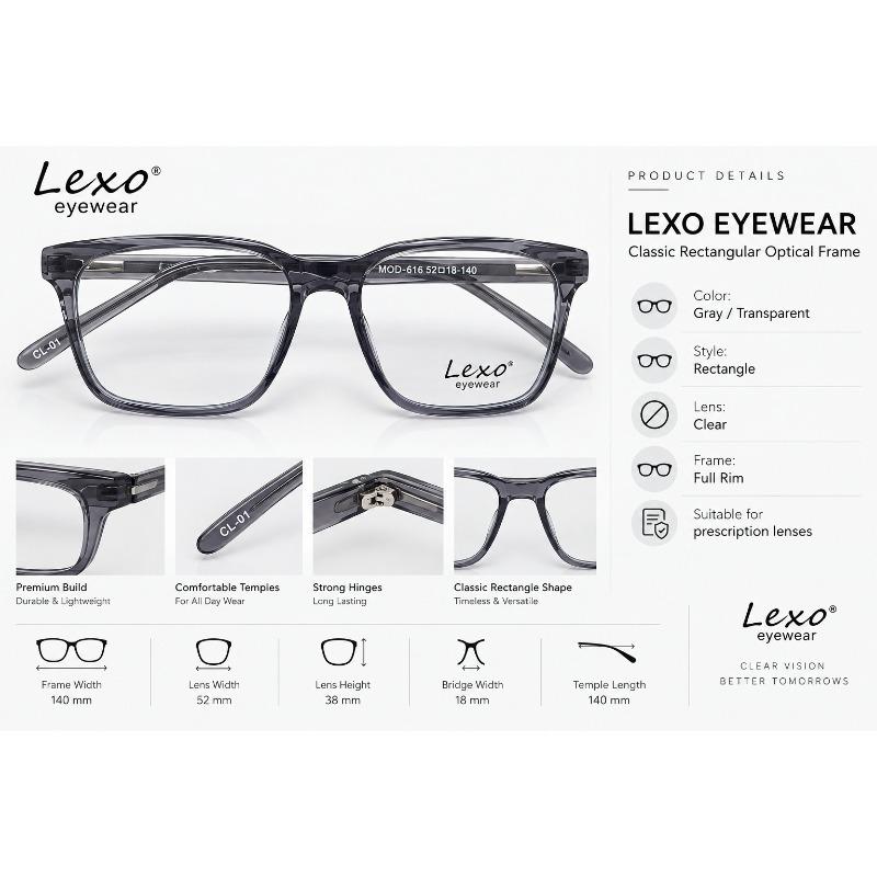 Lexo Eyewear model 616 Gray Full-Rim Square Glasses Frames