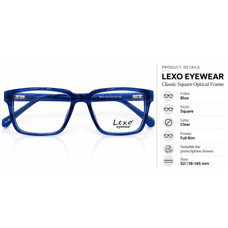 Lexo Eyewear Model Classic Square Optical Frame (MOD-619) Color Blue