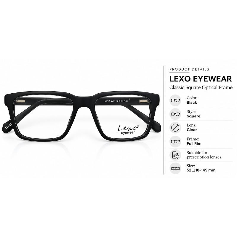 Lexo Eyewear Model Classic Square Optical Frame (MOD-619) Color Black